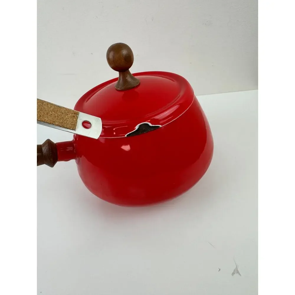 Vintage Styson Bright Red Enamel Fondue Pot Aluminum Wooden Single Handle Lid
